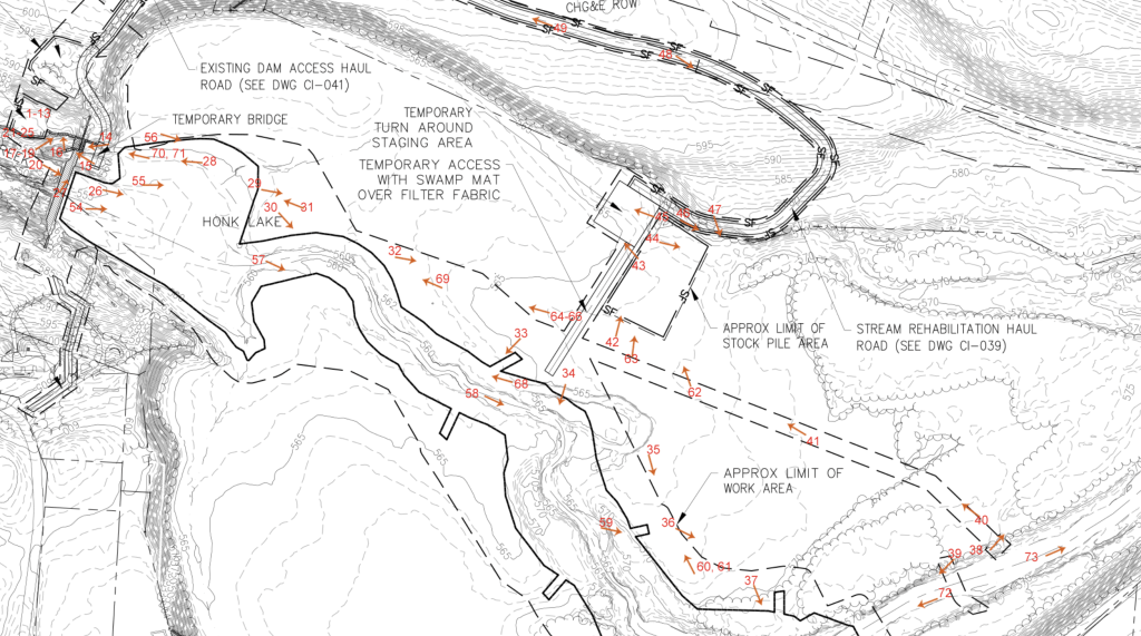 A key plan for a dam removal project in the Catskill Mountains of New York. Red arrows show direction of view and location on a map.